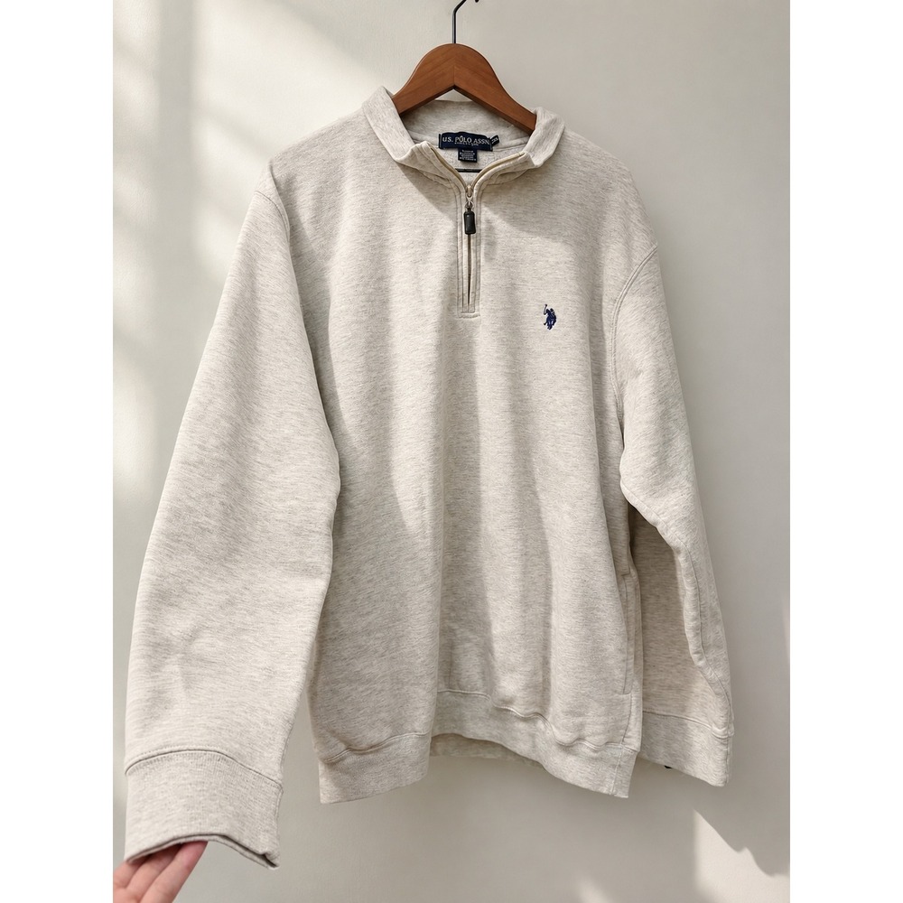 Ivory Oatmeal Fleece Campus Quarter Zip Pullover Preppy Layering XXL - Picture 3 of 4